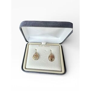 Vintage Black Hills Gold 10K Tri-Color Rose Leaf Teardrop Drop Earrings USA Box